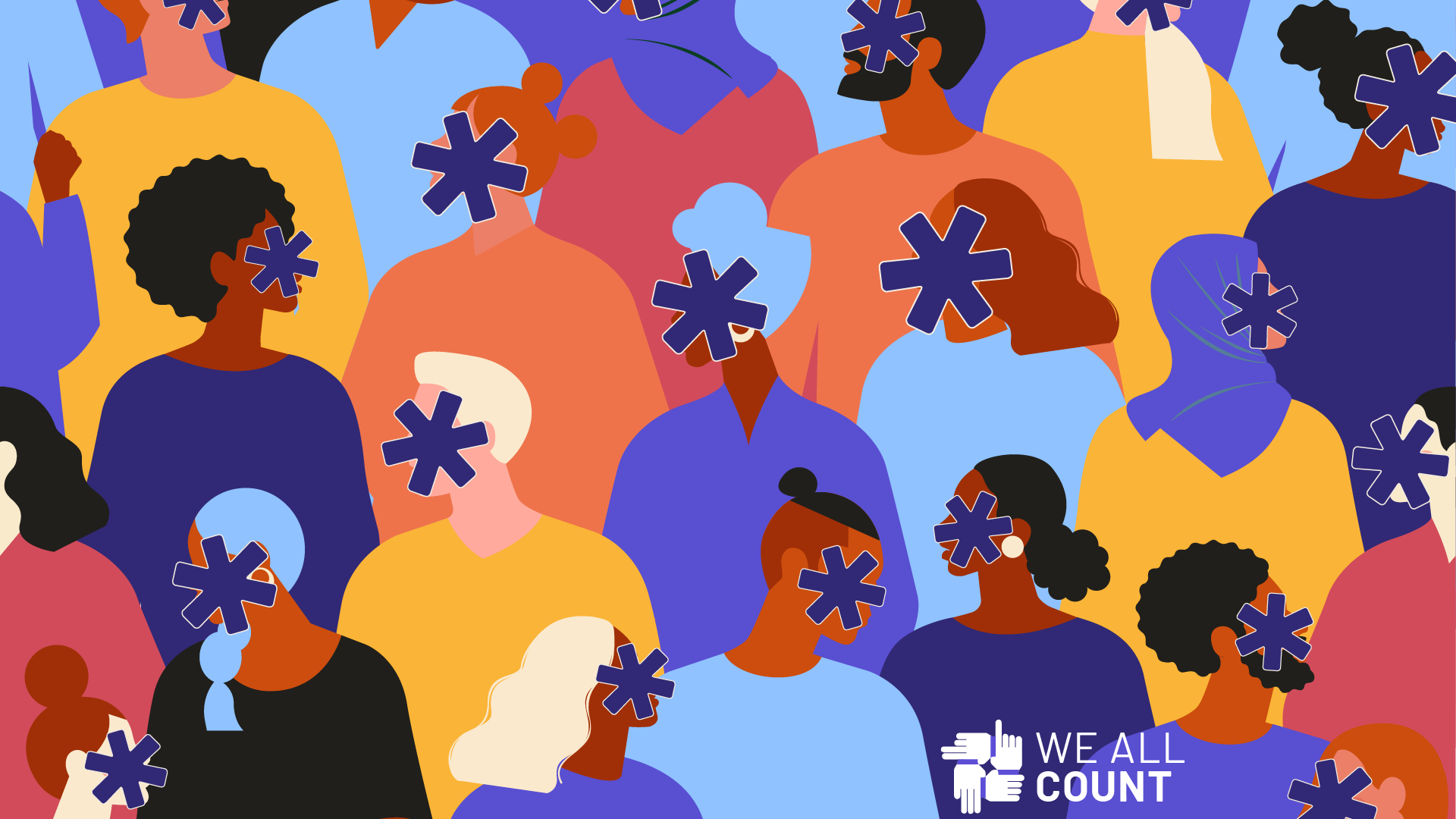 a diverse crowd of people with asterisks over their faces