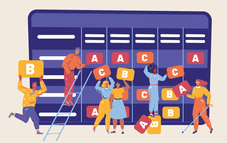 People arranging letters on a large board