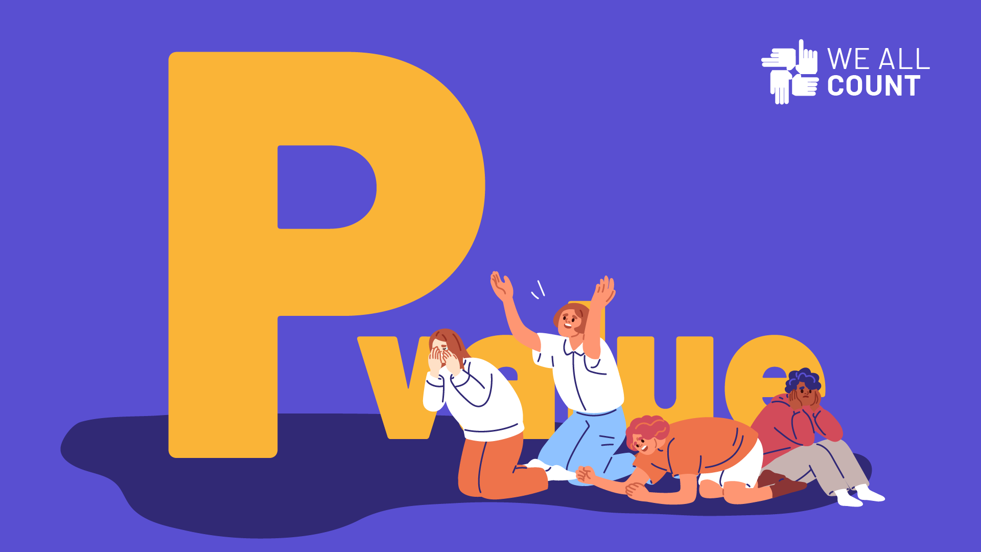 illustration of people worshiping giant P Value text