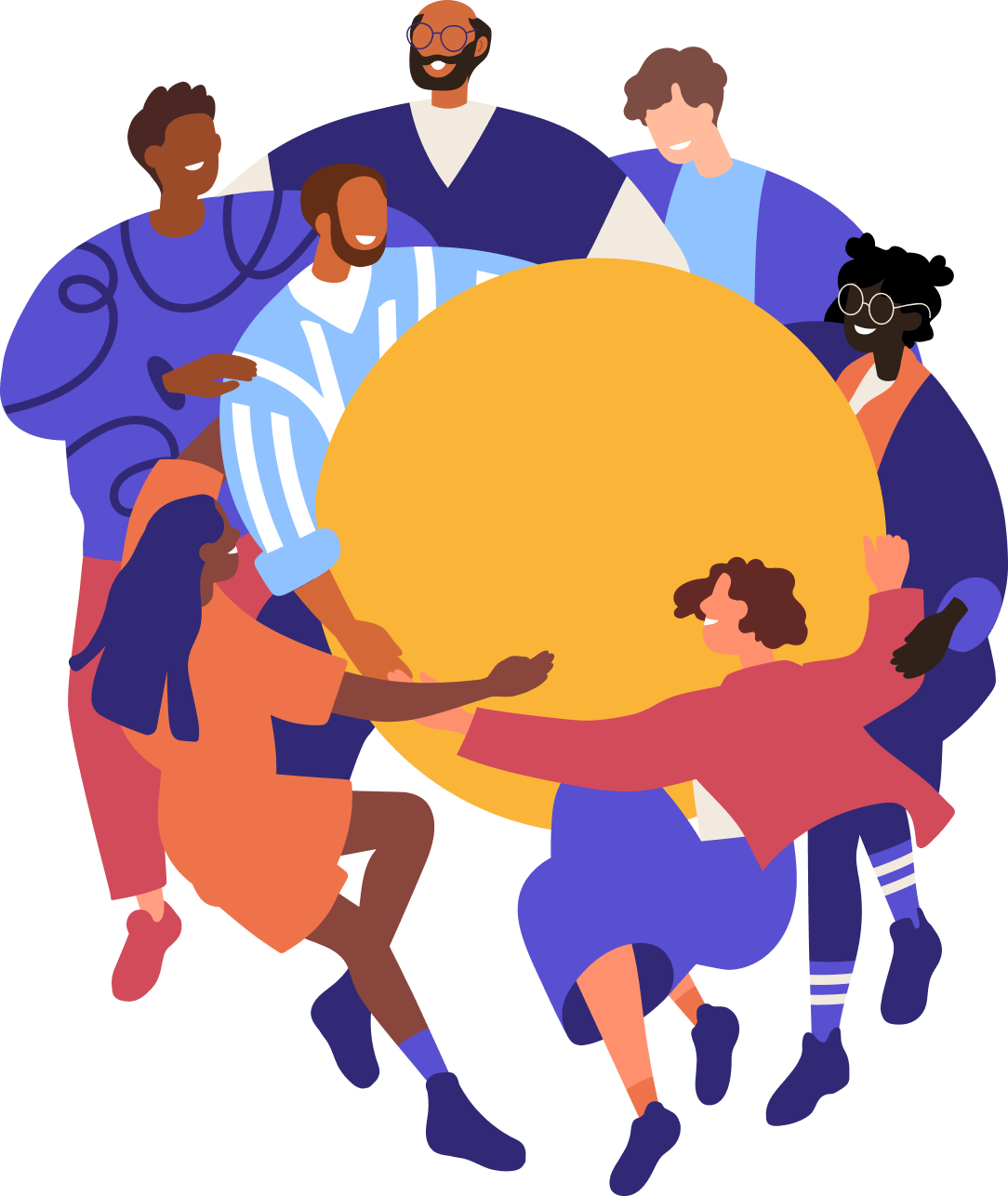 Decorative image of people dancing around a large dot